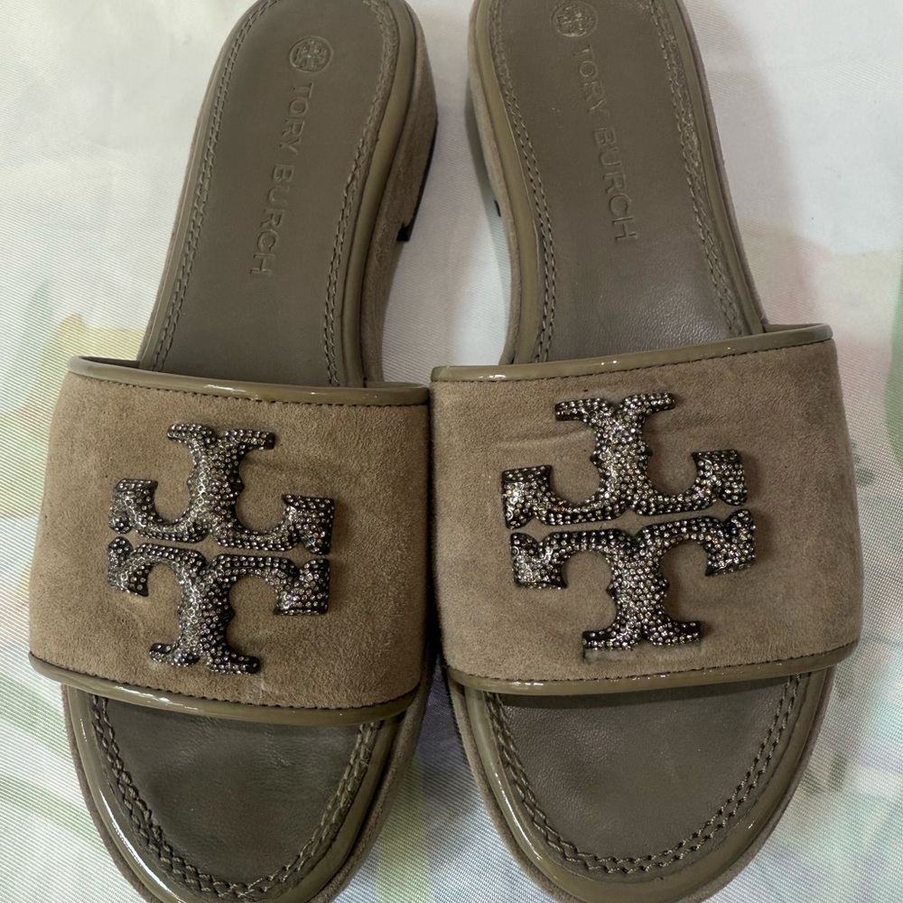Tory Burch Taupe Suede Sandals with Embellished Logo